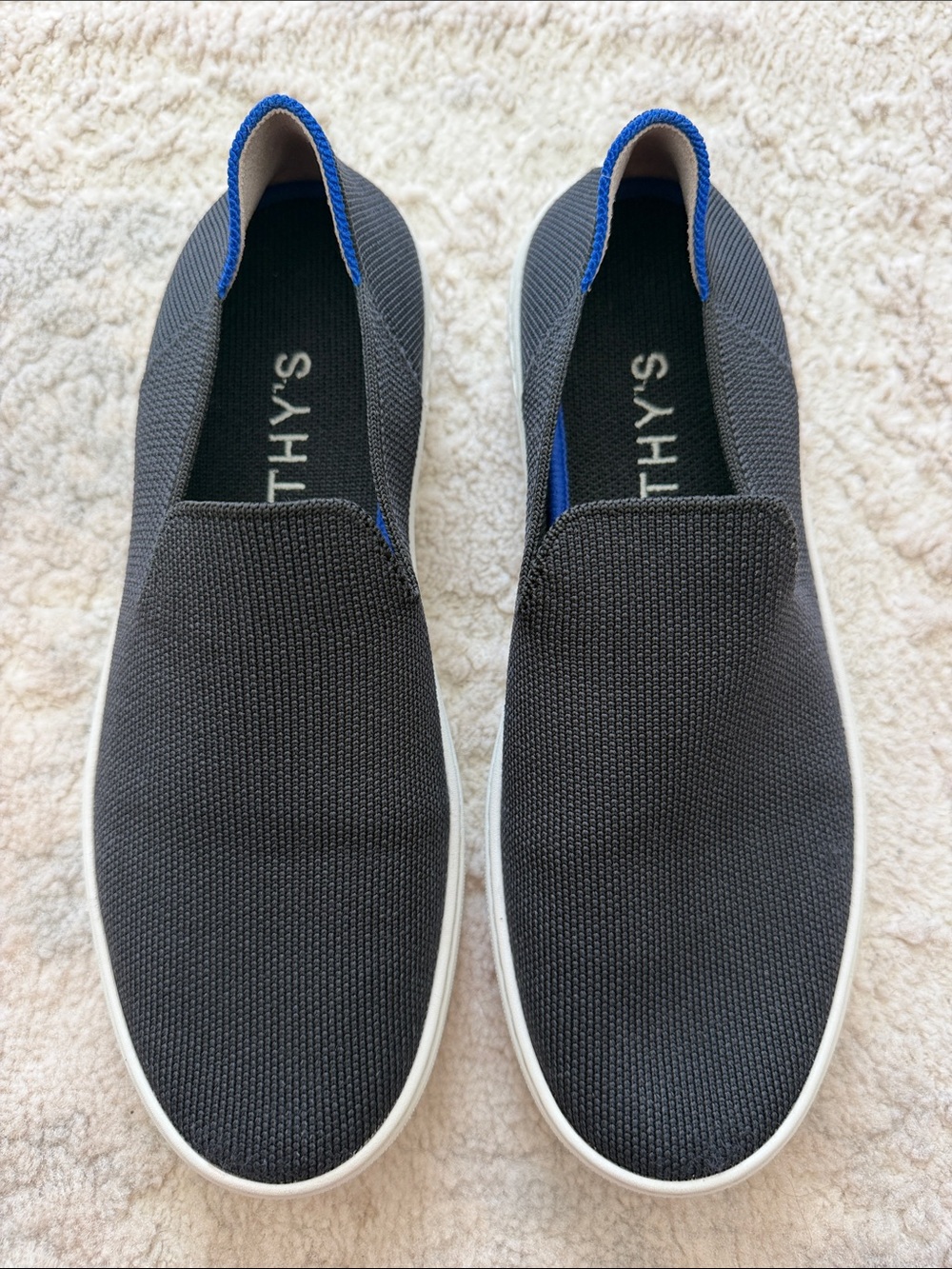 Rothy's Black Slip-On Knit Loafers with Blue Trim
